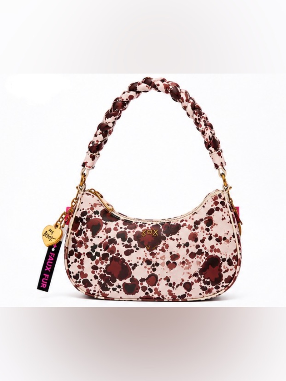 Betsey Johnson Heart Leopard Print Shoulder Bag Braided Handle Gold Charm Y2K